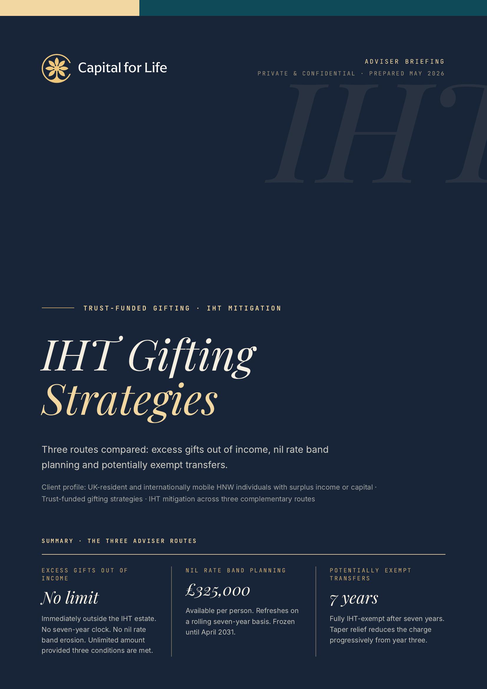 Front cover of the Capital for Life adviser briefing: IHT Gifting Strategies